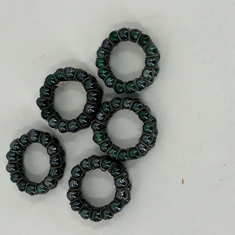 Vintage Beaded Napkin Rings Set of 5 Green Glass Silver Wire Boho Made in India
